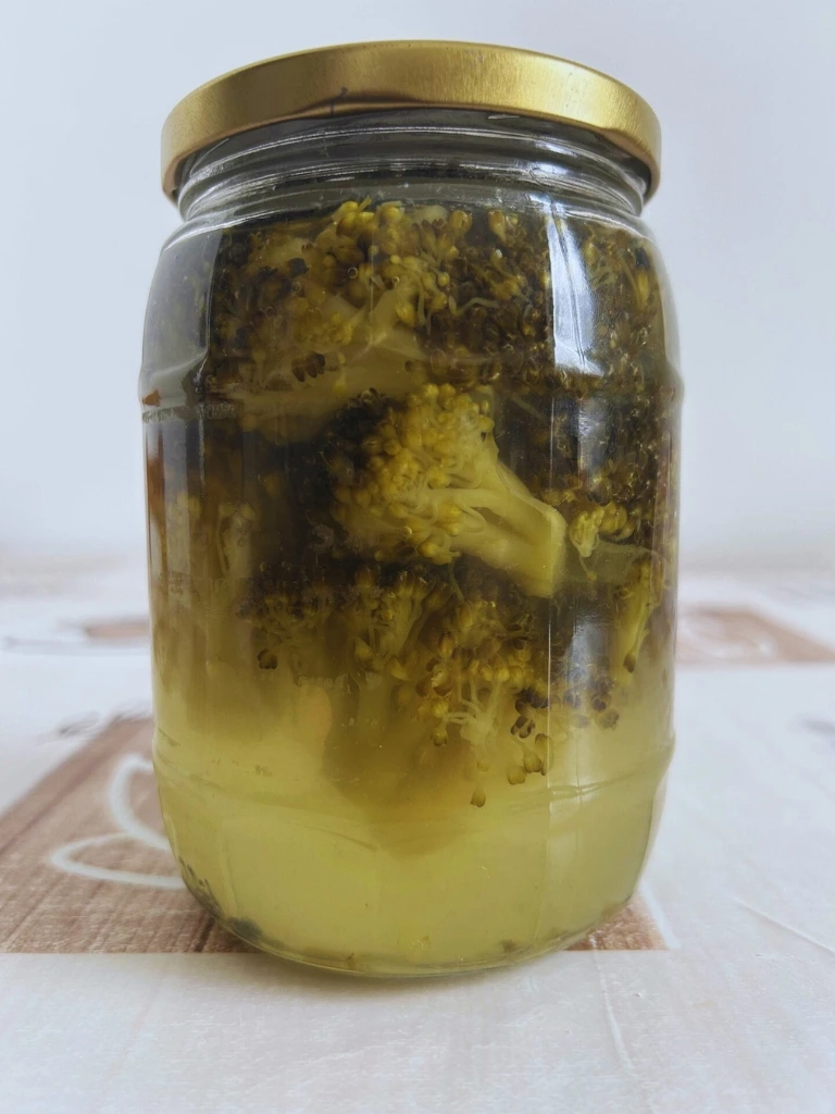 Fermented broccoli in a jar