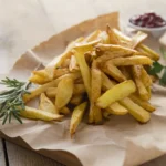 Delicious spiced fermented potato fries with herbs on a paper and wooden desk
